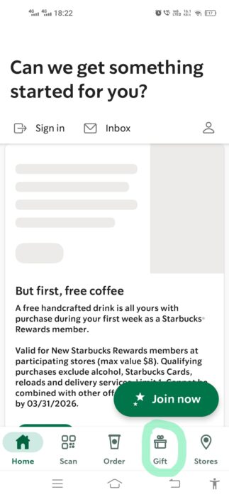 starbucks Gift cards tab