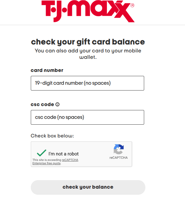 TJMaxx gift card balance page 